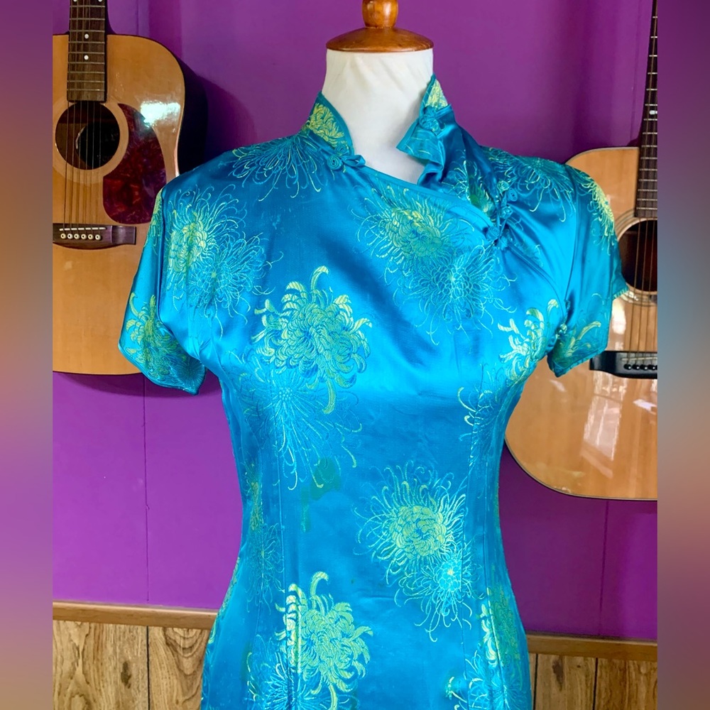 Women’s Vintage 60’s Long Japanese Dress SZ 10 Teal and Green - Picture 5 of 14